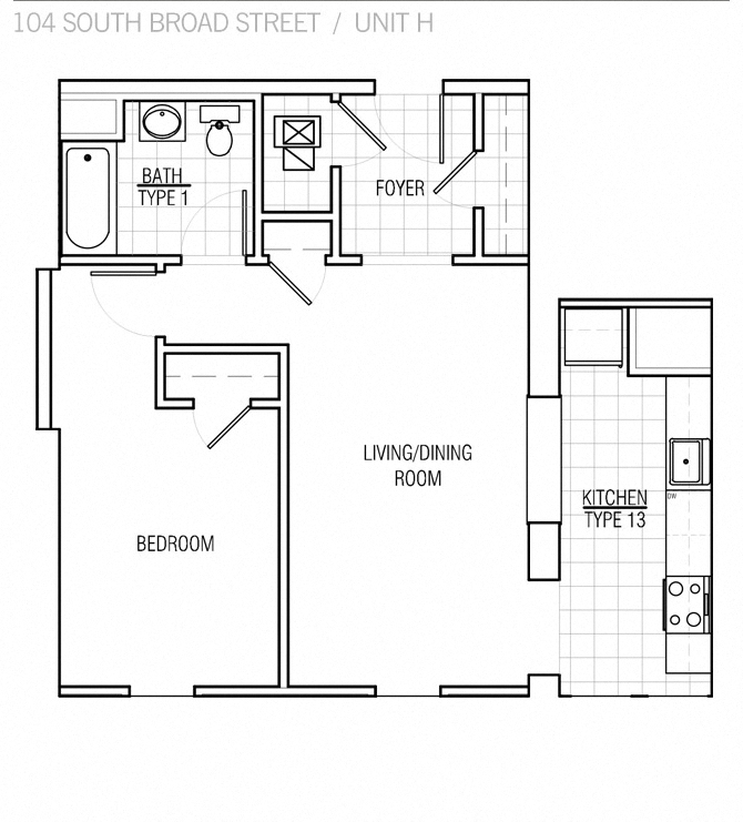Floor plan for 1 bed, 1 bath